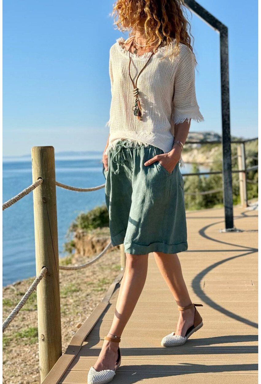 İtalyan Haki Cepli Duble Paça Keten Salaş Dokuma Şort 55 35