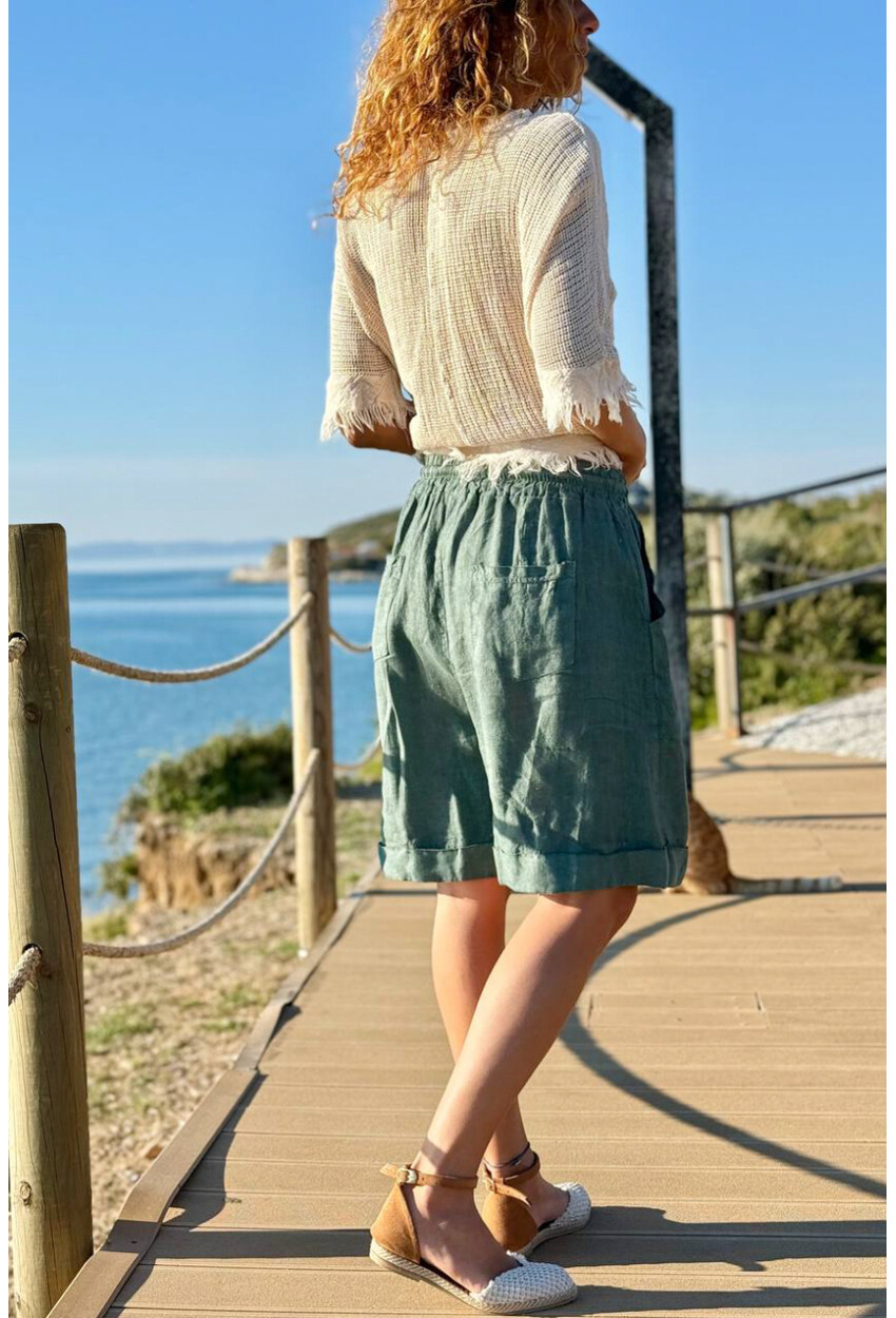 İtalyan Haki Cepli Duble Paça Keten Salaş Dokuma Şort 55 35