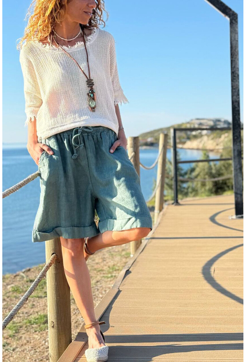 İtalyan Haki Cepli Duble Paça Keten Salaş Dokuma Şort 55 35