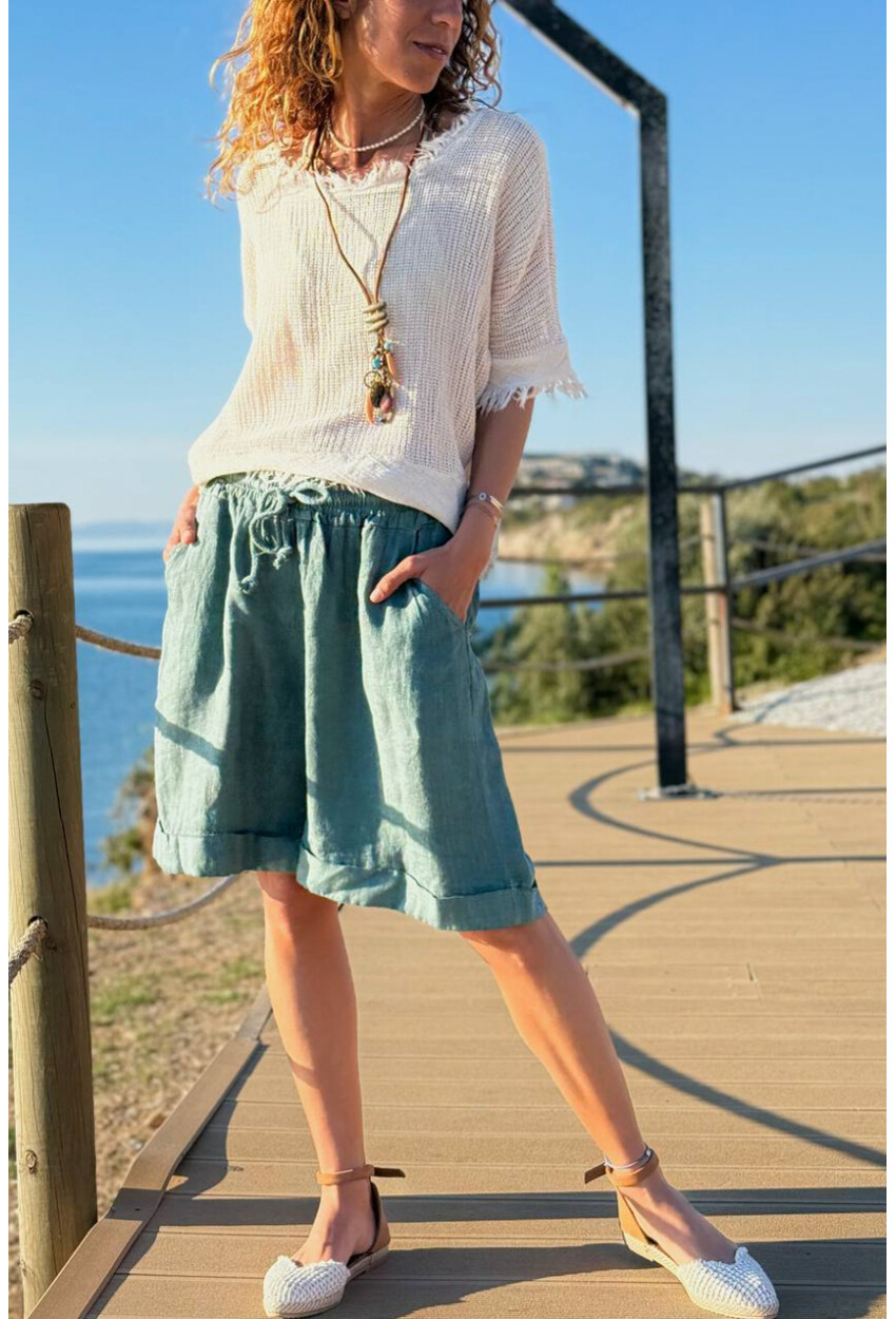 İtalyan Haki Cepli Duble Paça Keten Salaş Dokuma Şort 55 35