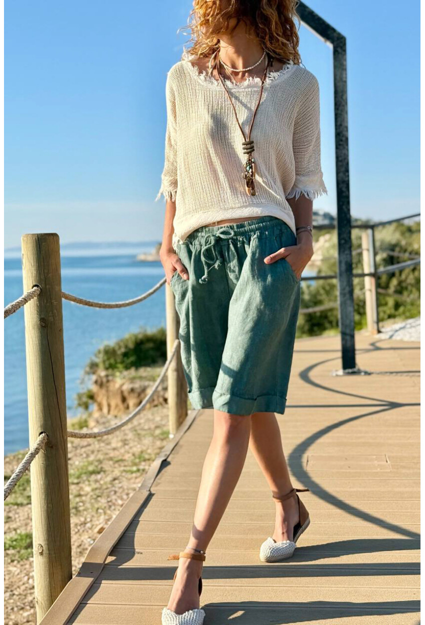 İtalyan Haki Cepli Duble Paça Keten Salaş Dokuma Şort 55 35