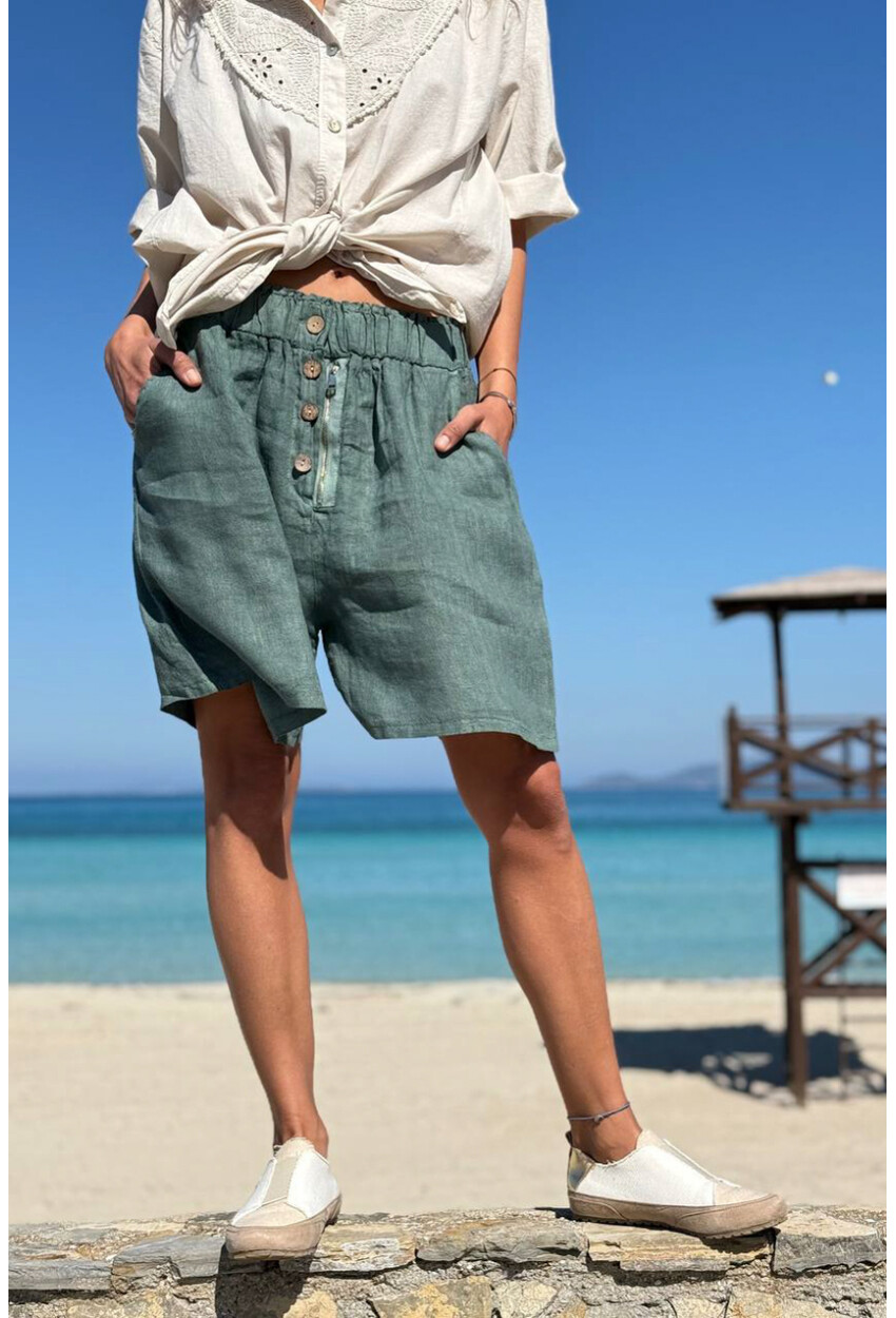 İtalyan Haki Cepli Fermuarlı Lastikli Bel Keten Salaş Dokuma Şort 45 35