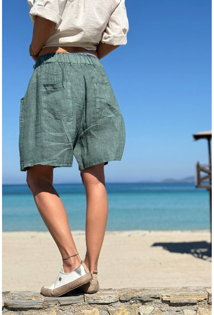 İtalyan Haki Cepli Fermuarlı Lastikli Bel Keten Salaş Dokuma Şort 45 35