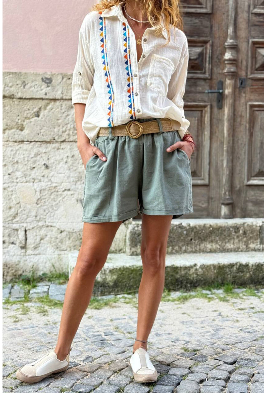 İtalyan Haki Cepli Kemerli Keten Duble Paça Dokuma Şort 38 58