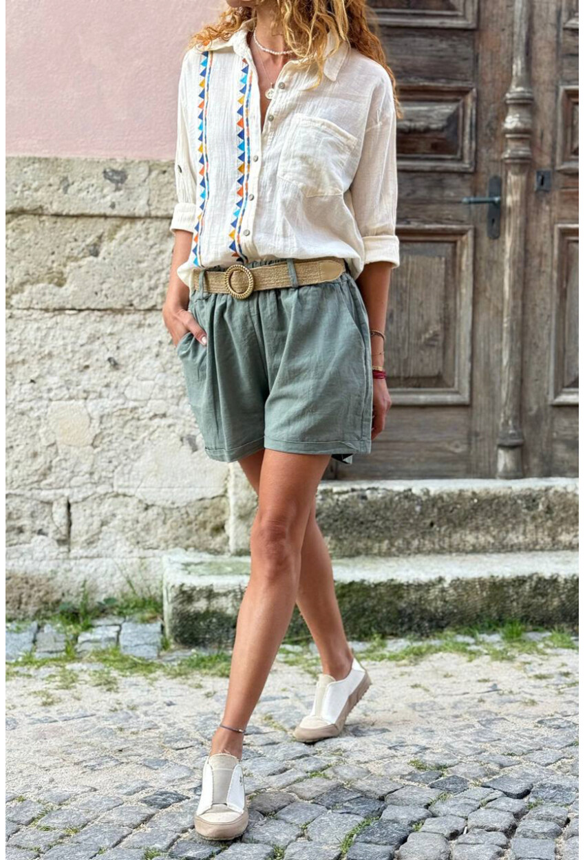 İtalyan Haki Cepli Kemerli Keten Duble Paça Dokuma Şort 38 58