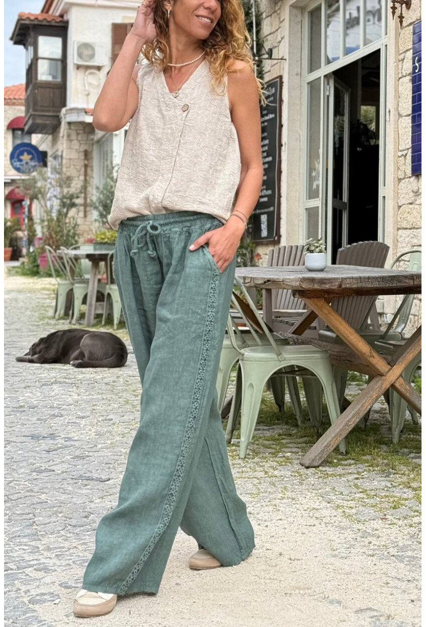 İtalyan Haki Cepli Yanları Brodeli Lastikli Bel Bol Paça Keten Salaş Dokuma Pantolon 100 35