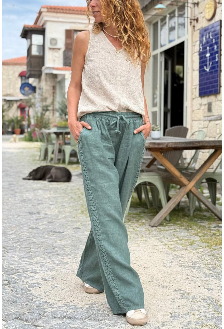 İtalyan Haki Cepli Yanları Brodeli Lastikli Bel Bol Paça Keten Salaş Dokuma Pantolon 100 35