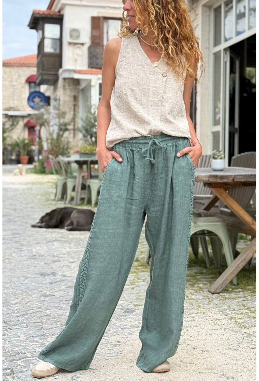 İtalyan Haki Cepli Yanları Brodeli Lastikli Bel Bol Paça Keten Salaş Dokuma Pantolon 100 35