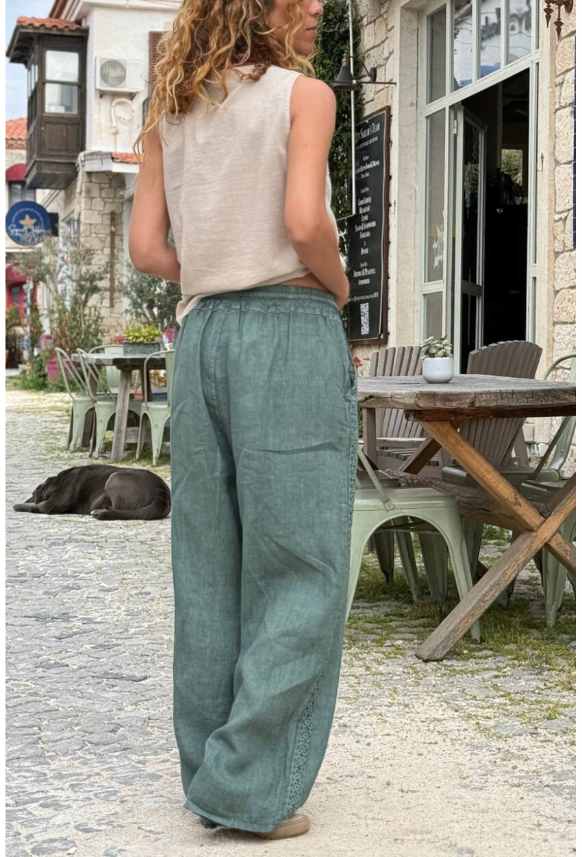 İtalyan Haki Cepli Yanları Brodeli Lastikli Bel Bol Paça Keten Salaş Dokuma Pantolon 100 35