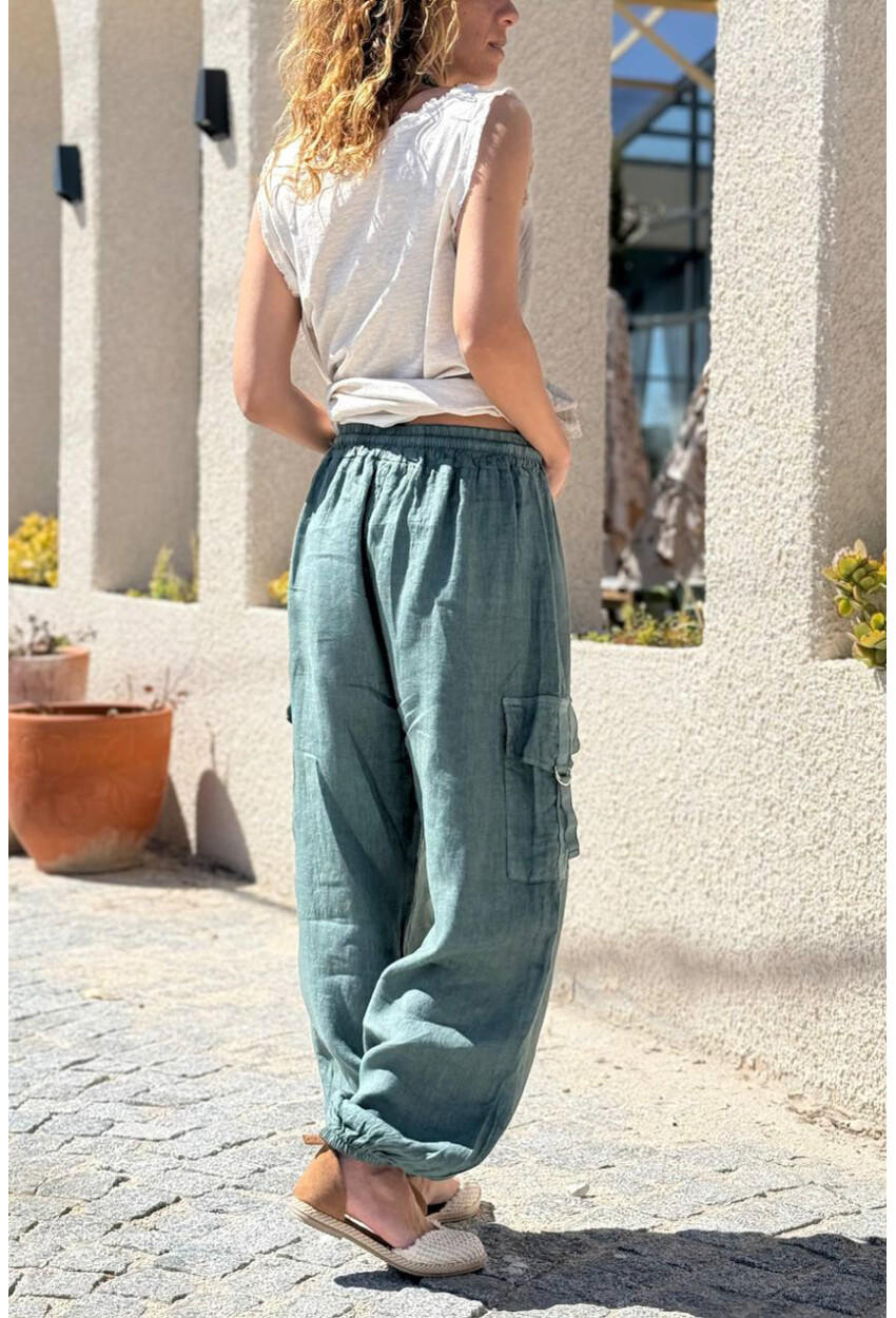 İtalyan Haki Cepli Yanları Cepli Lastikli Paça Keten Salaş Dokuma Pantolon 100 35