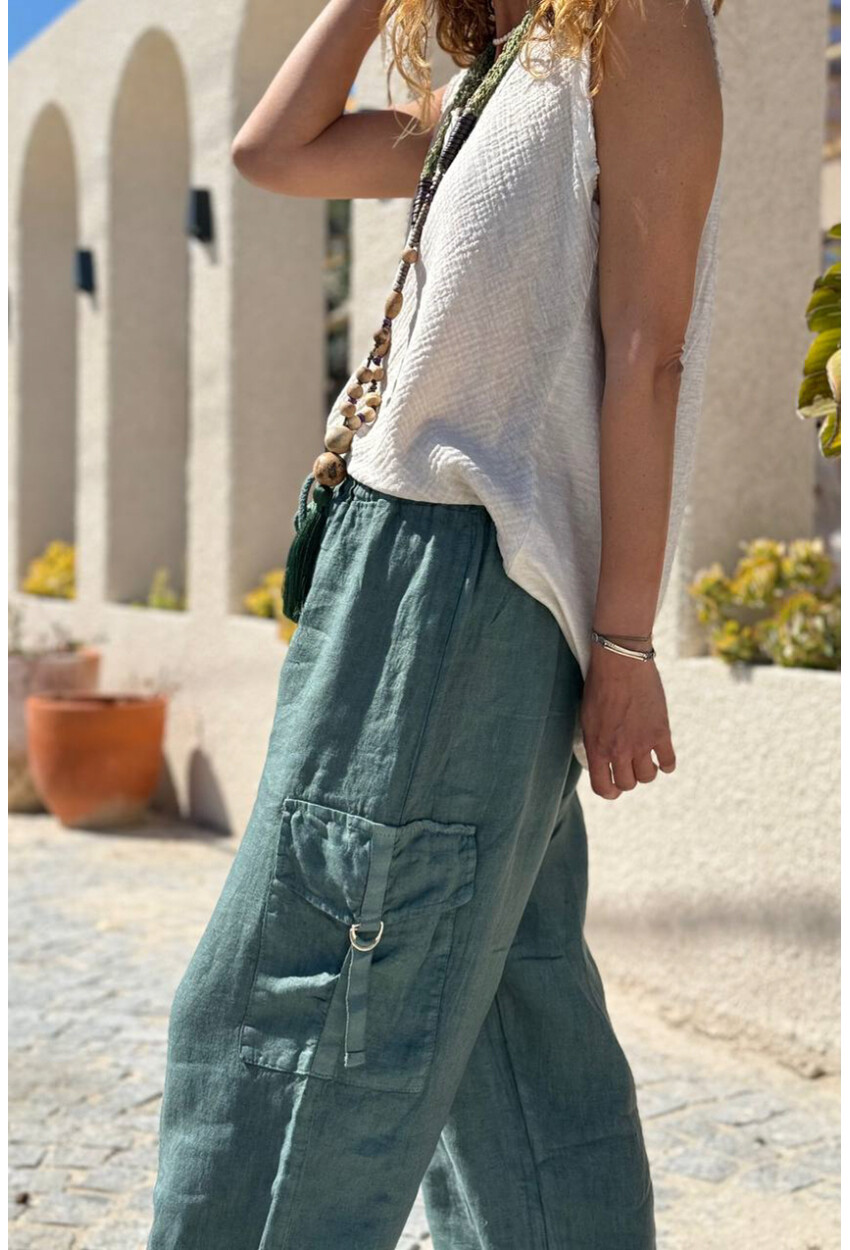 İtalyan Haki Cepli Yanları Cepli Lastikli Paça Keten Salaş Dokuma Pantolon 100 35