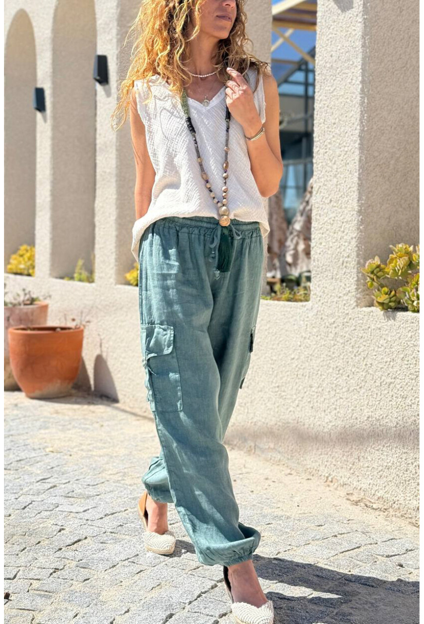 İtalyan Haki Cepli Yanları Cepli Lastikli Paça Keten Salaş Dokuma Pantolon 100 35