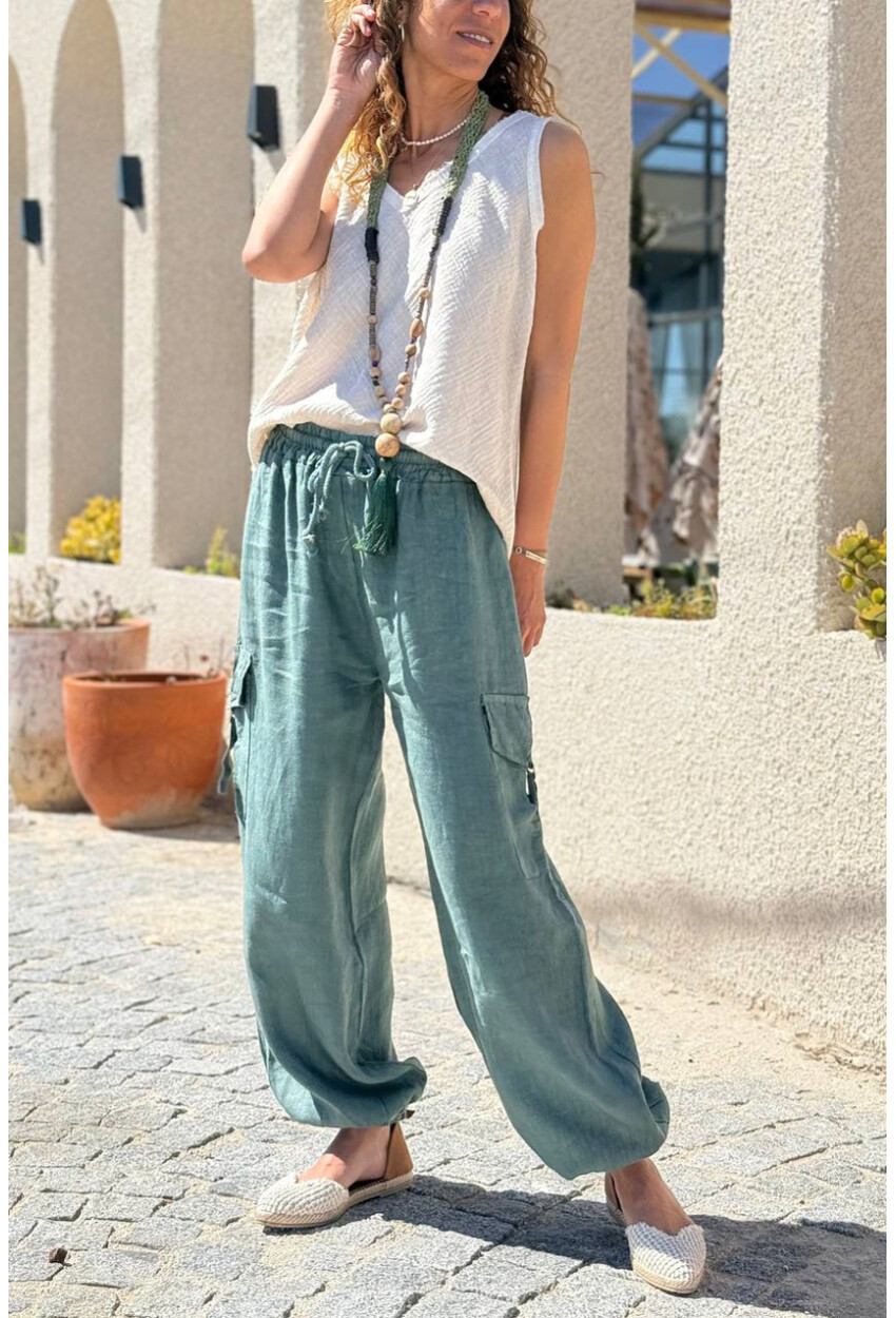 İtalyan Haki Cepli Yanları Cepli Lastikli Paça Keten Salaş Dokuma Pantolon 100 35