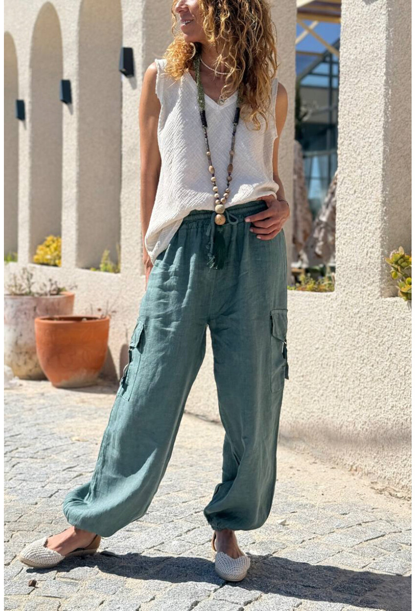 İtalyan Haki Cepli Yanları Cepli Lastikli Paça Keten Salaş Dokuma Pantolon 100 35