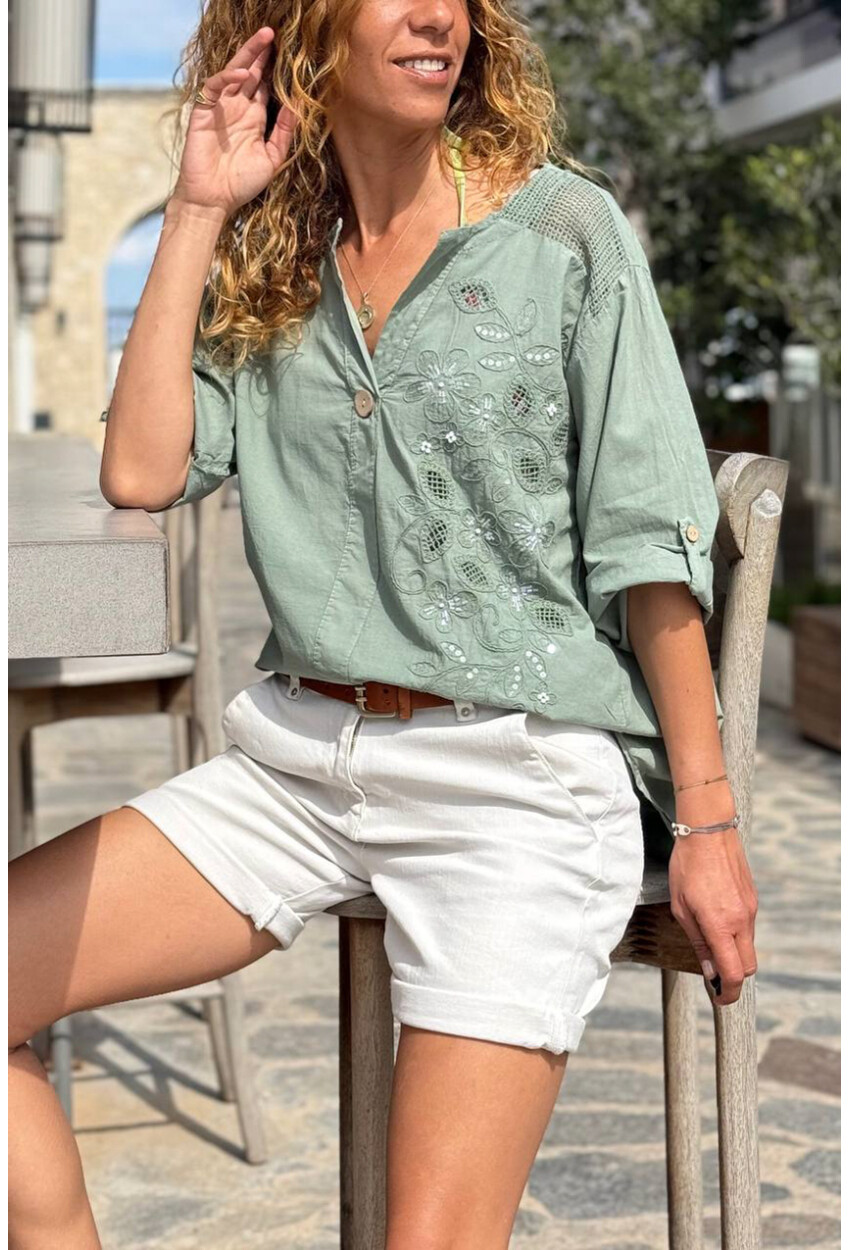 İtalyan Haki Düğmeli Yaka Yıkamalı Omzu Fileli Pul Payet Aplikeli Salaş Dokuma Bluz 70 55