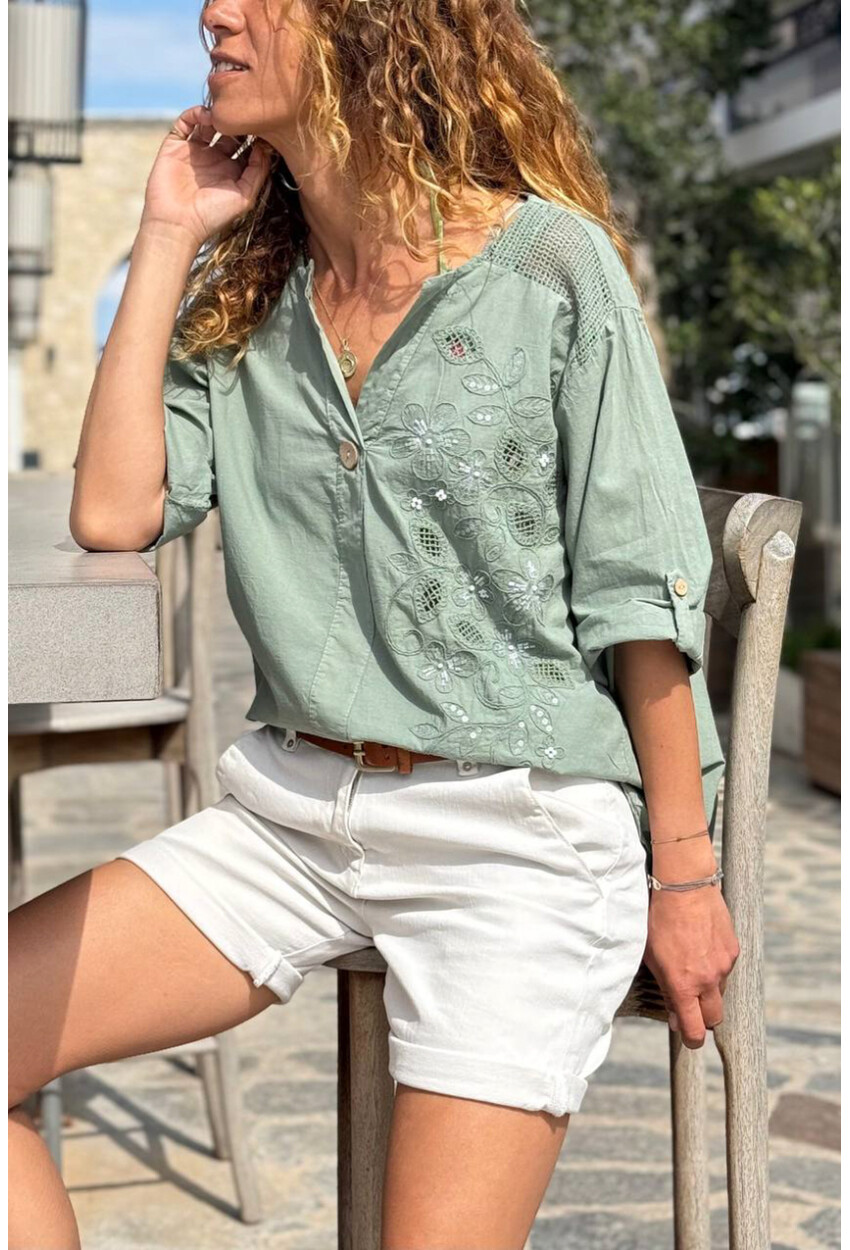 İtalyan Haki Düğmeli Yaka Yıkamalı Omzu Fileli Pul Payet Aplikeli Salaş Dokuma Bluz 70 55