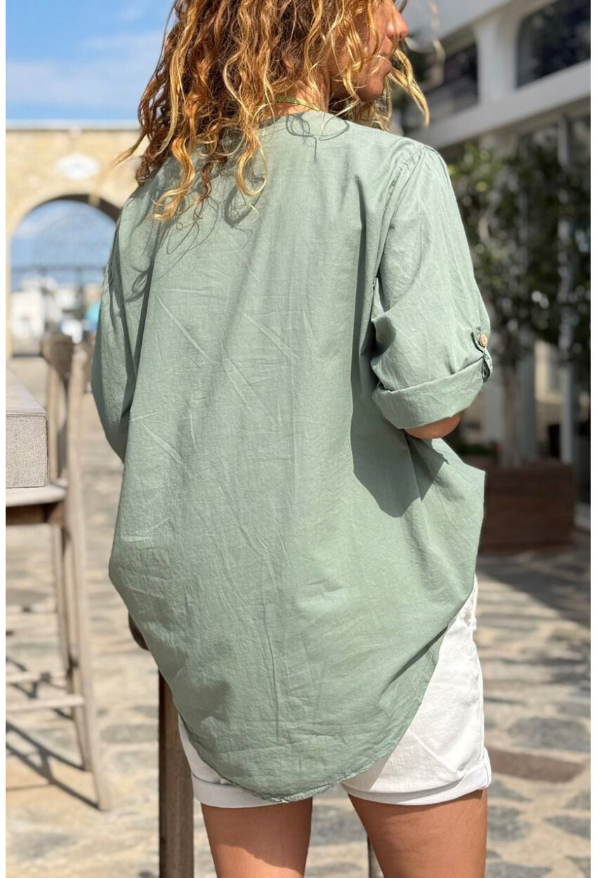 İtalyan Haki Düğmeli Yaka Yıkamalı Omzu Fileli Pul Payet Aplikeli Salaş Dokuma Bluz 70 55