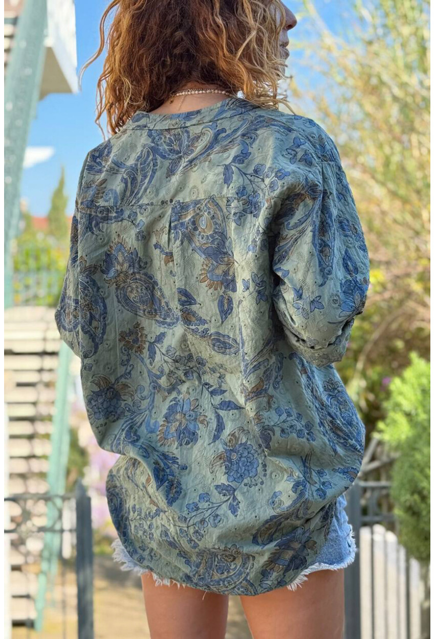 İtalyan Haki Hakim Yaka Çiçekli Pamuklu Salaş Dokuma Gömlek 75 55