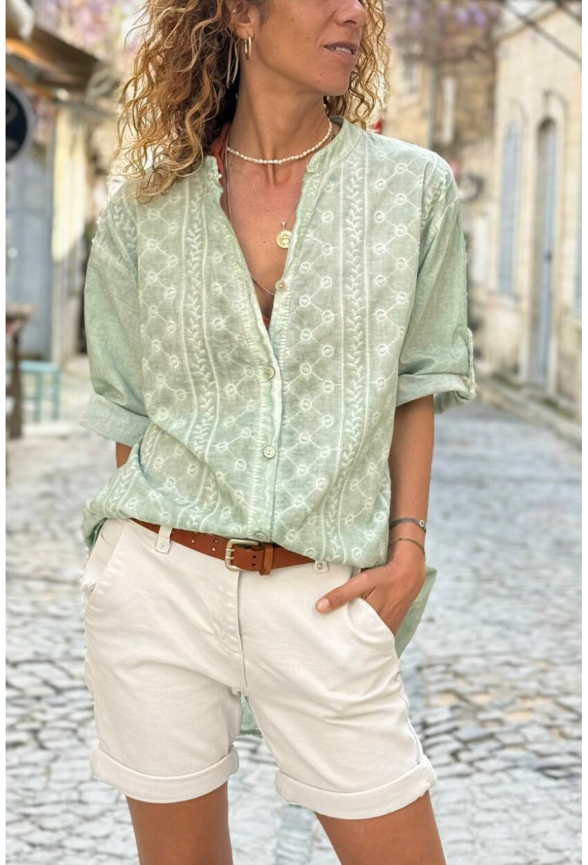 İtalyan Haki Hakim Yaka Etnik Desenli Yıkamalı Pamuklu Salaş Dokuma Gömlek 75 55