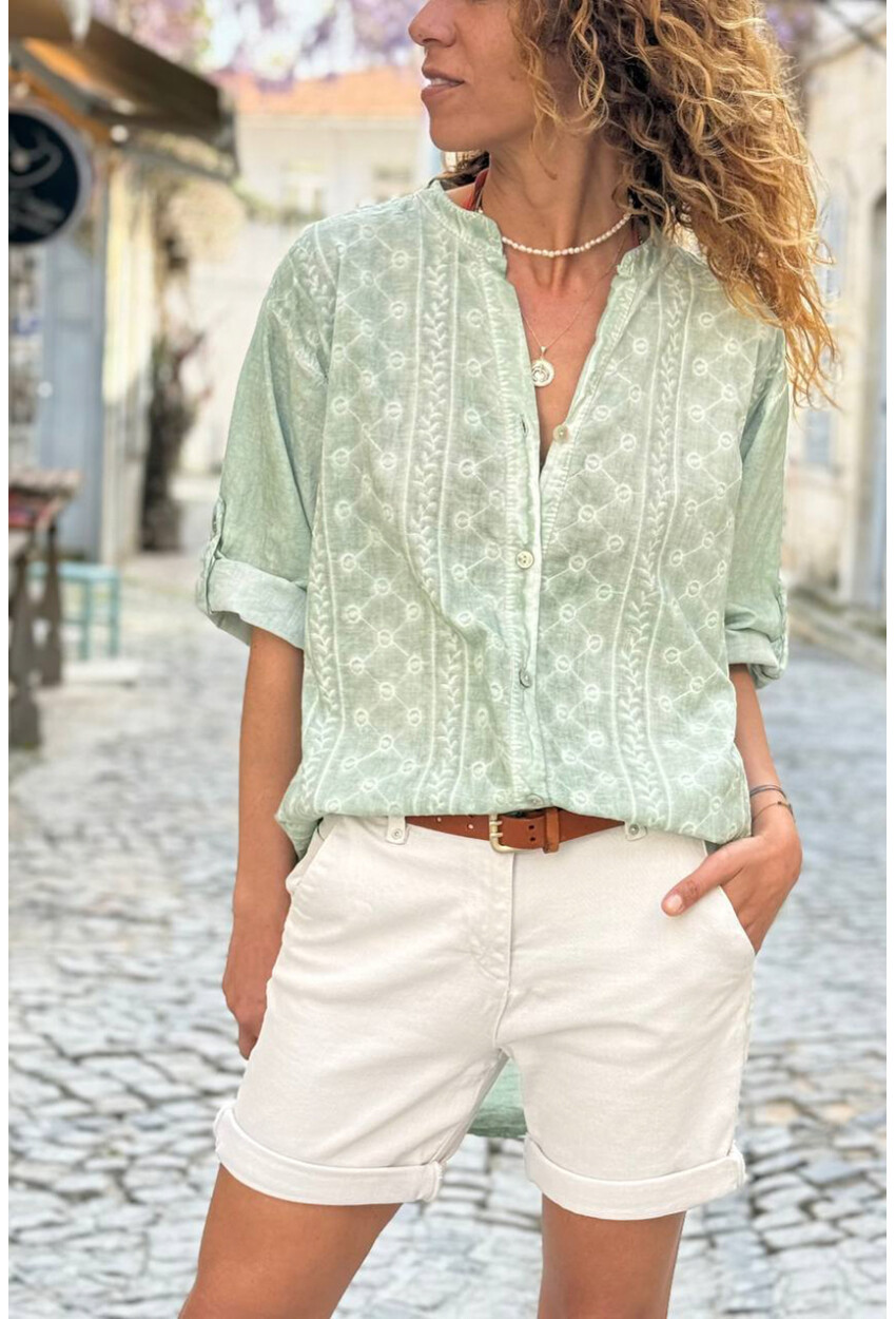 İtalyan Haki Hakim Yaka Etnik Desenli Yıkamalı Pamuklu Salaş Dokuma Gömlek 75 55