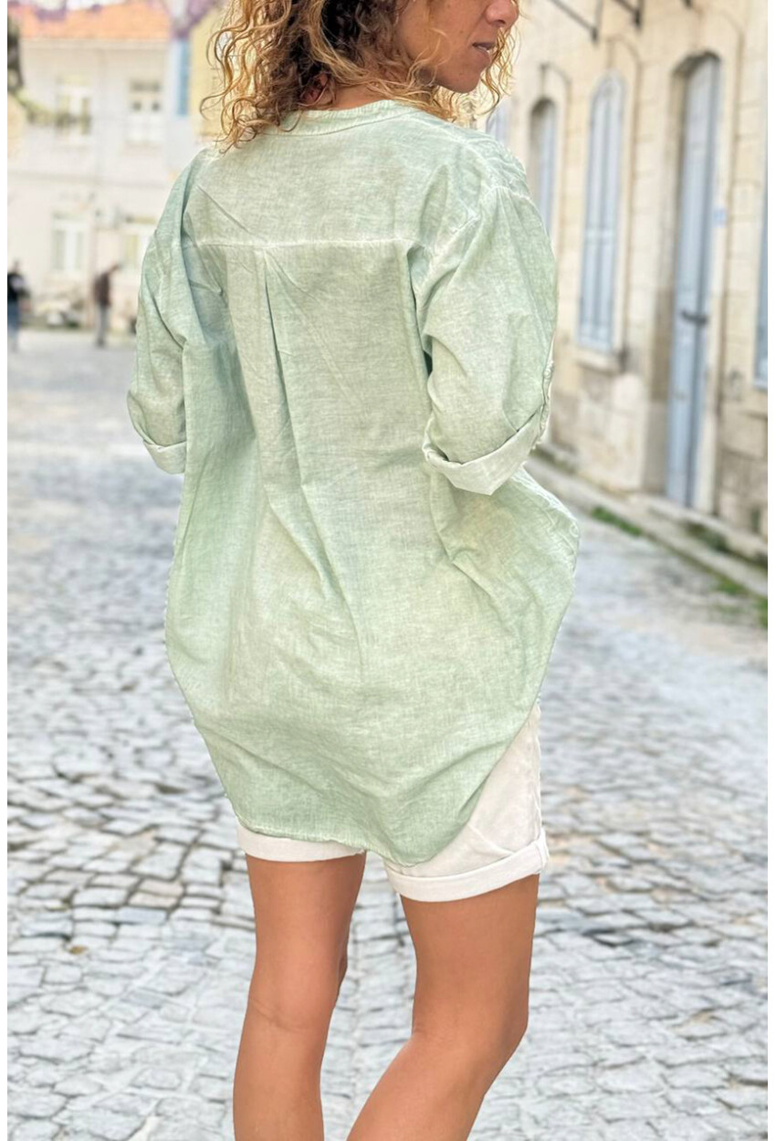 İtalyan Haki Hakim Yaka Etnik Desenli Yıkamalı Pamuklu Salaş Dokuma Gömlek 75 55