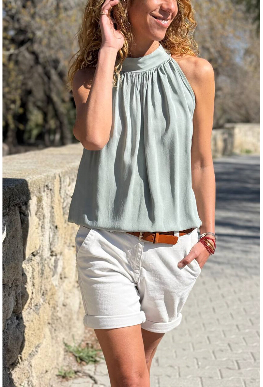 İtalyan Haki Halter Yaka Bağlamalı Eteği Lastikli Pliseli Yumuşak Dokulu Dokuma Bluz 65 40