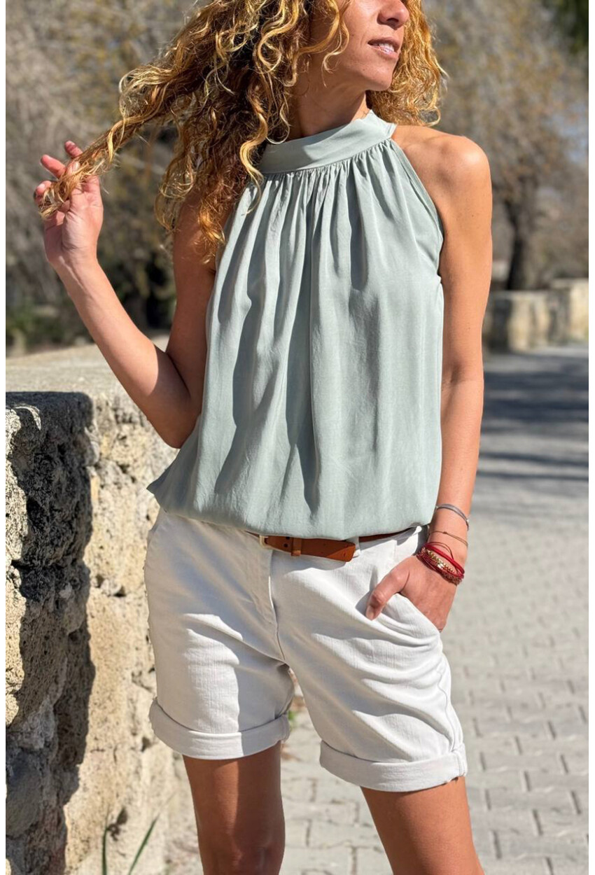 İtalyan Haki Halter Yaka Bağlamalı Eteği Lastikli Pliseli Yumuşak Dokulu Dokuma Bluz 65 40