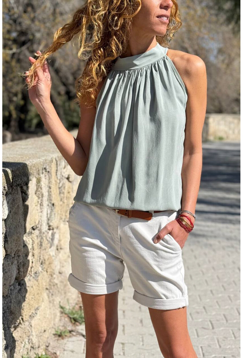 İtalyan Haki Halter Yaka Bağlamalı Eteği Lastikli Pliseli Yumuşak Dokulu Dokuma Bluz 65 40