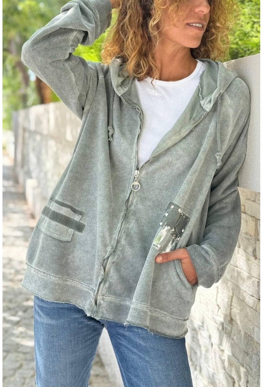 İtalyan Haki Kapüşonlu Fermuarlı Yıkamalı Varak Baskılı Süet Salaş Sweatshirt 65 55