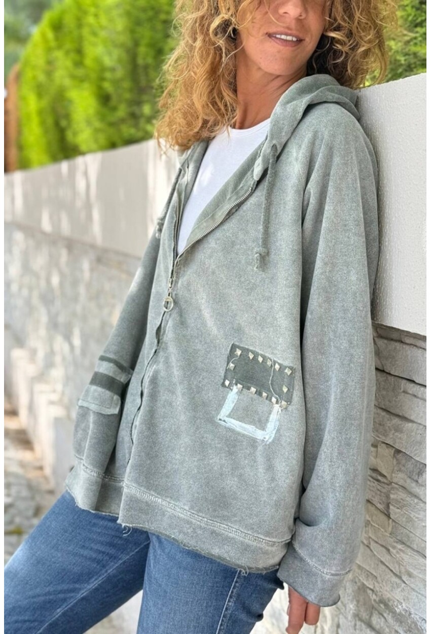 İtalyan Haki Kapüşonlu Fermuarlı Yıkamalı Varak Baskılı Süet Salaş Sweatshirt 65 55