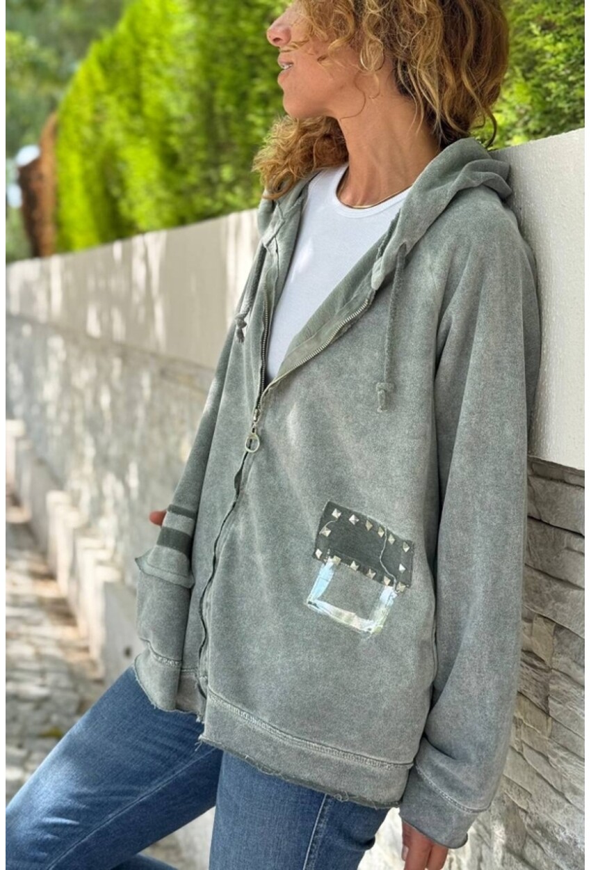 İtalyan Haki Kapüşonlu Fermuarlı Yıkamalı Varak Baskılı Süet Salaş Sweatshirt 65 55