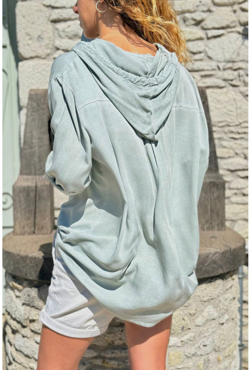 İtalyan Haki Kapüşonlu Yıkamalı Zımbalı Cepli Pamuklu Salaş Dokuma Gömlek 75 55