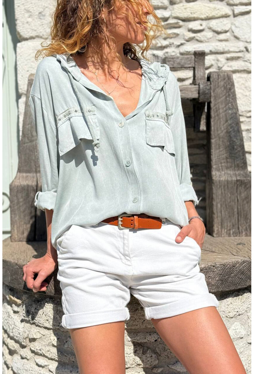 İtalyan Haki Kapüşonlu Yıkamalı Zımbalı Cepli Pamuklu Salaş Dokuma Gömlek 75 55