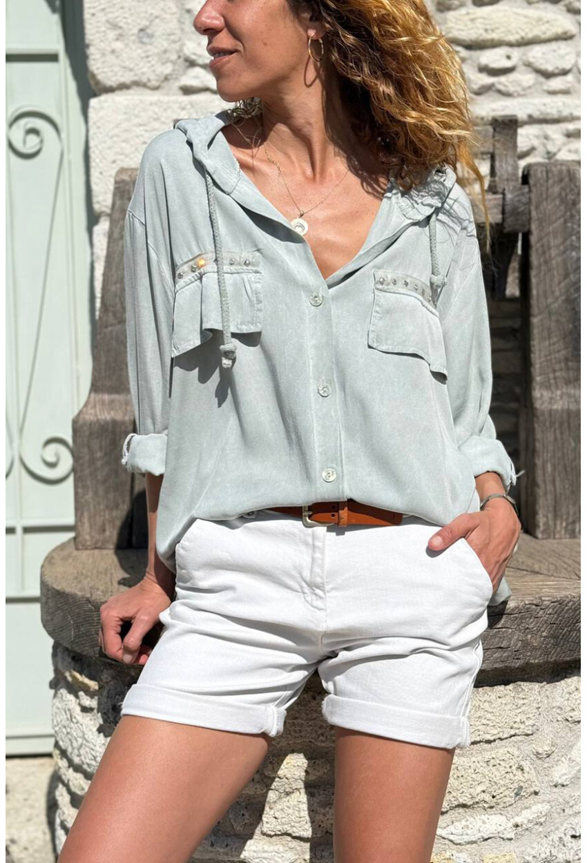 İtalyan Haki Kapüşonlu Yıkamalı Zımbalı Cepli Pamuklu Salaş Dokuma Gömlek 75 55