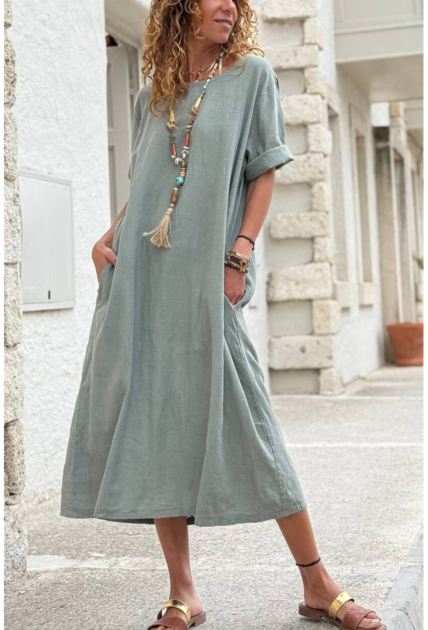 İtalyan Haki Kayık Yaka Kısa Kol Cepli Keten Uzun Salaş Dokuma Elbise 118 63