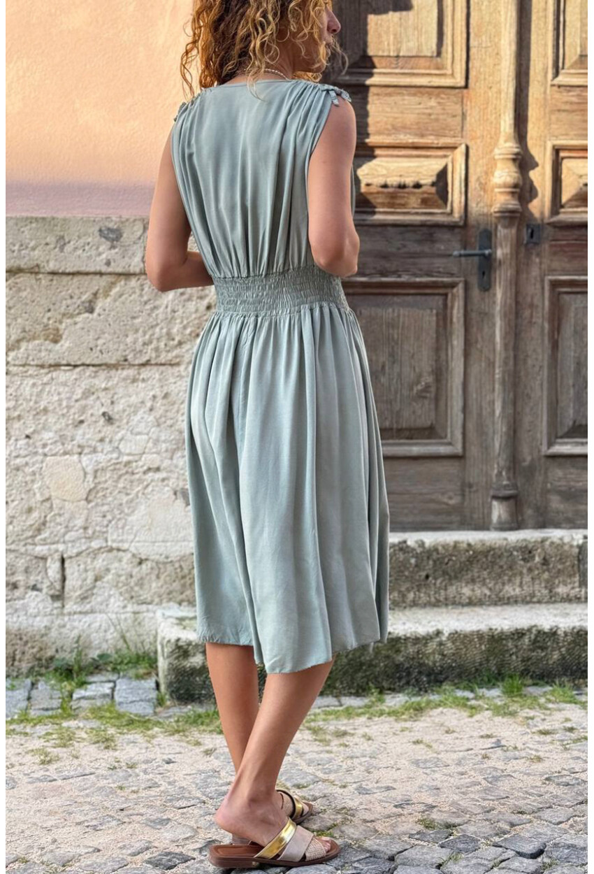 İtalyan Haki Kruvaze Yaka Omzu Büzgülü Yumuşak Dokulu Lastikli Bel Dokuma Elbise 110 35