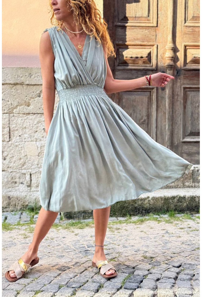 İtalyan Haki Kruvaze Yaka Omzu Büzgülü Yumuşak Dokulu Lastikli Bel Dokuma Elbise 110 35