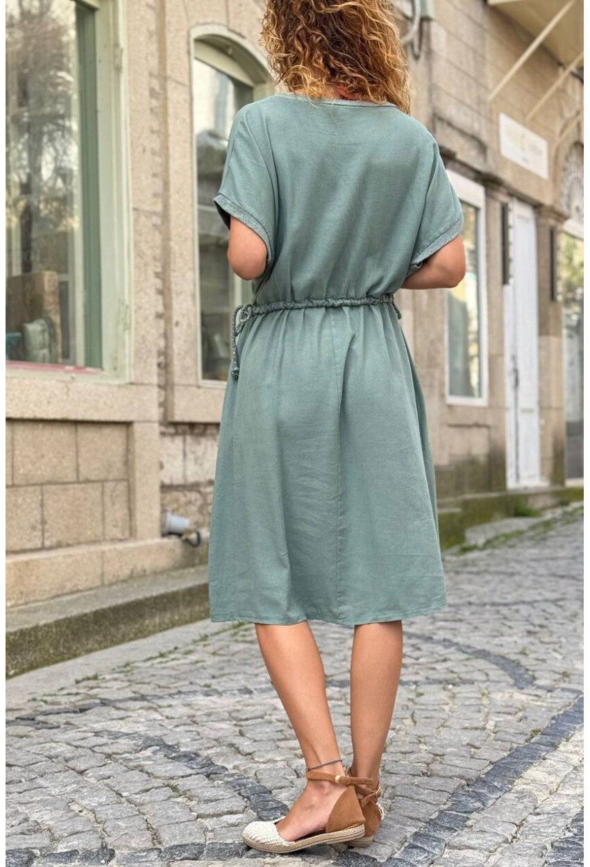 İtalyan Haki V Yaka Cepli Sim Garnili Lastikli Bel Salaş Dokuma Elbise 100 50