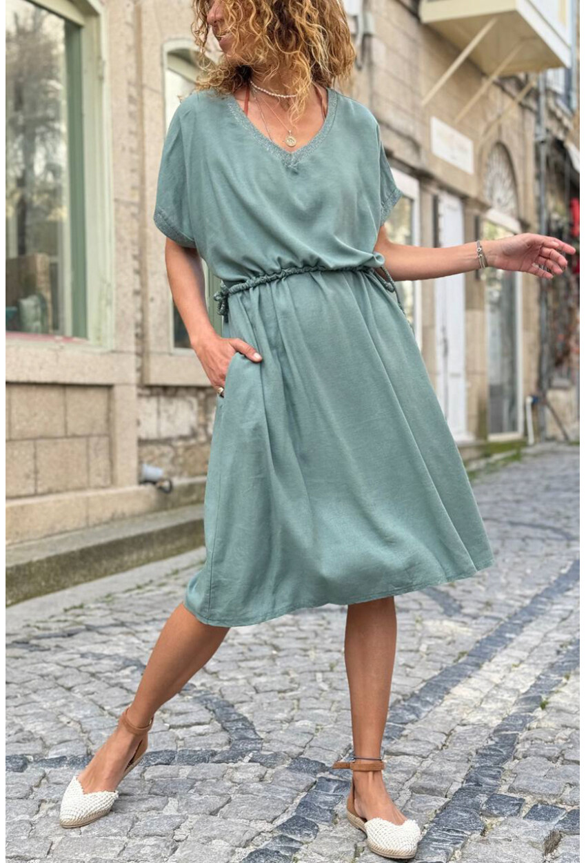 İtalyan Haki V Yaka Cepli Sim Garnili Lastikli Bel Salaş Dokuma Elbise 100 50