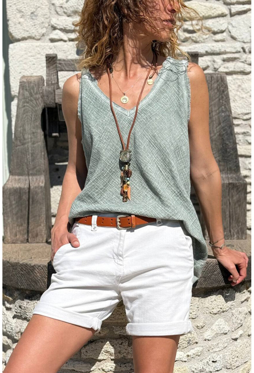 İtalyan Haki V Yaka Yıkamalı Pis Dikişli Pamuklu Salaş Dokuma Bluz 70 50