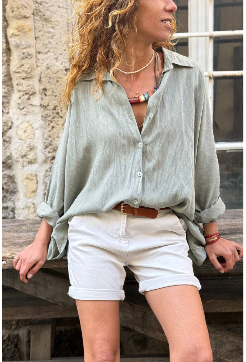 İtalyan Haki Yarasa Kol Düğmeli Yumuşak Dokulu Salaş Dokuma Gömlek 65 70