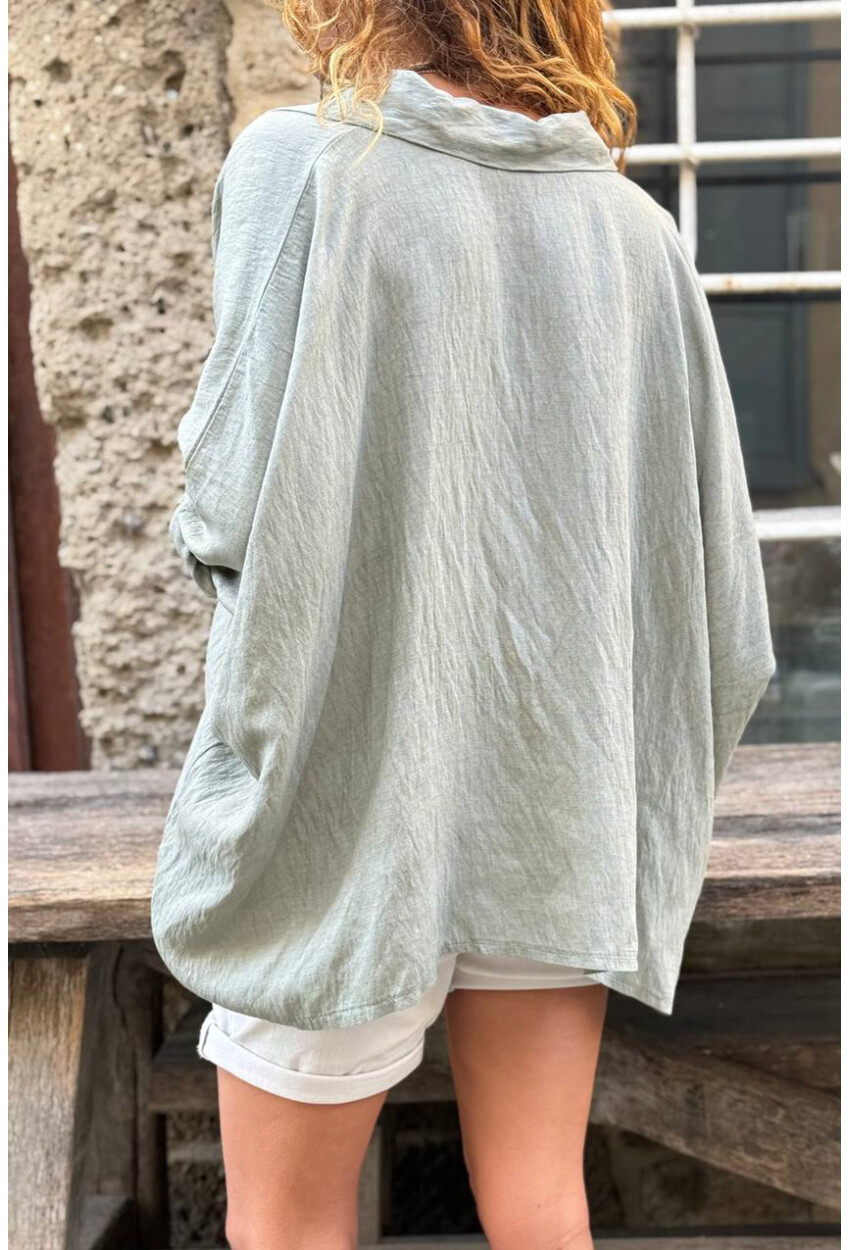 İtalyan Haki Yarasa Kol Düğmeli Yumuşak Dokulu Salaş Dokuma Gömlek 65 70