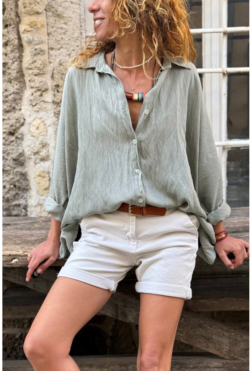 İtalyan Haki Yarasa Kol Düğmeli Yumuşak Dokulu Salaş Dokuma Gömlek 65 70