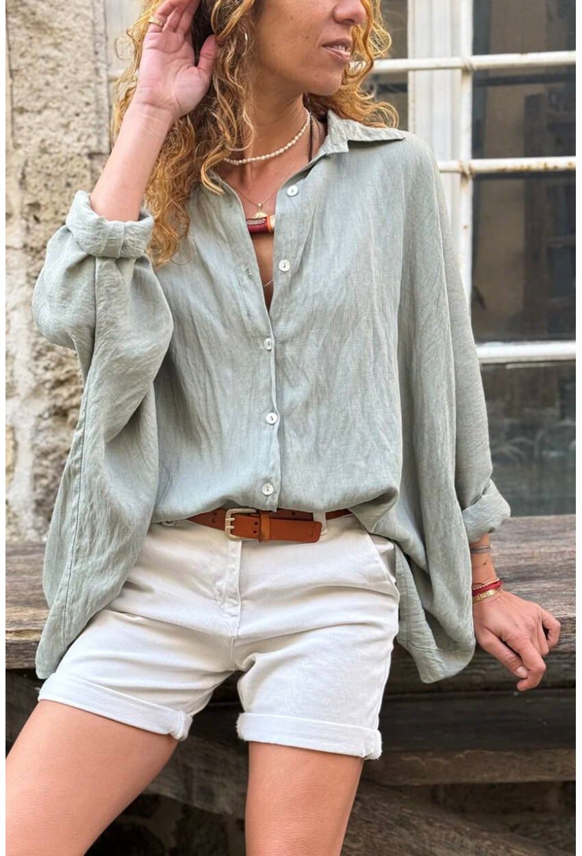 İtalyan Haki Yarasa Kol Düğmeli Yumuşak Dokulu Salaş Dokuma Gömlek 65 70