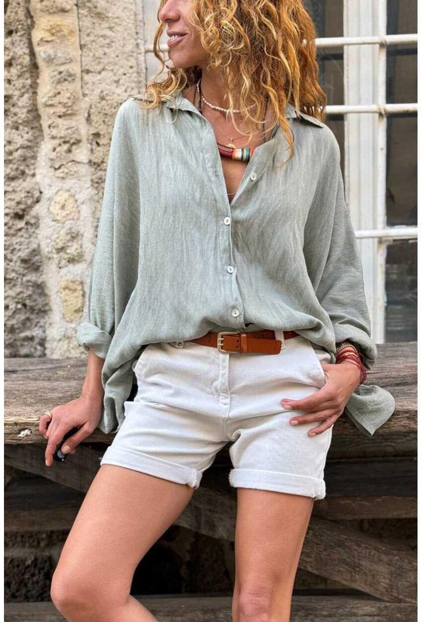 İtalyan Haki Yarasa Kol Düğmeli Yumuşak Dokulu Salaş Dokuma Gömlek 65 70