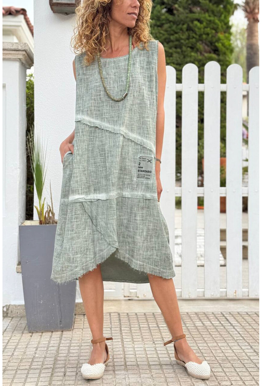 İtalyan Haki Yıkamalı Pis Dikişli Asimetrik Pamuklu Salaş Dokuma Elbise 100 60