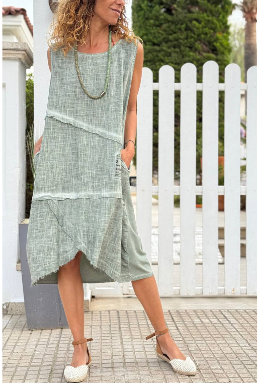 İtalyan Haki Yıkamalı Pis Dikişli Asimetrik Pamuklu Salaş Dokuma Elbise 100 60