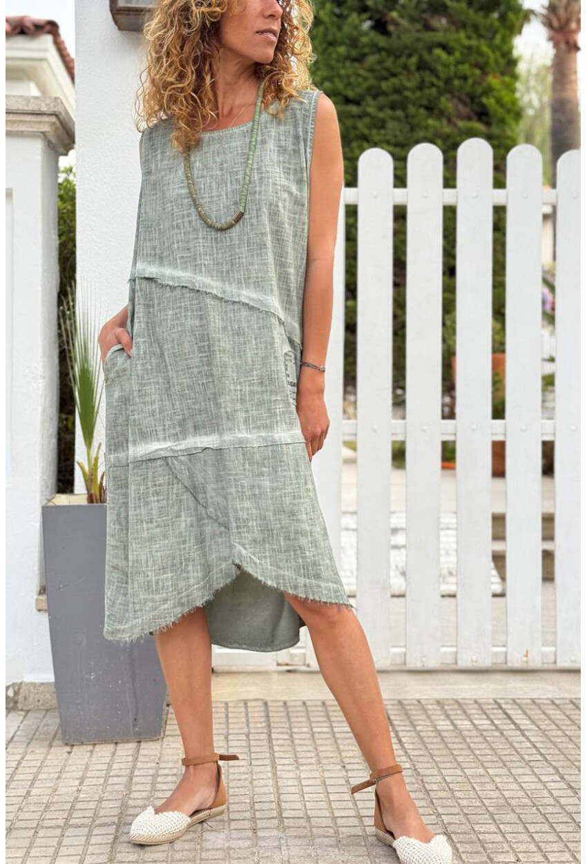 İtalyan Haki Yıkamalı Pis Dikişli Asimetrik Pamuklu Salaş Dokuma Elbise 100 60