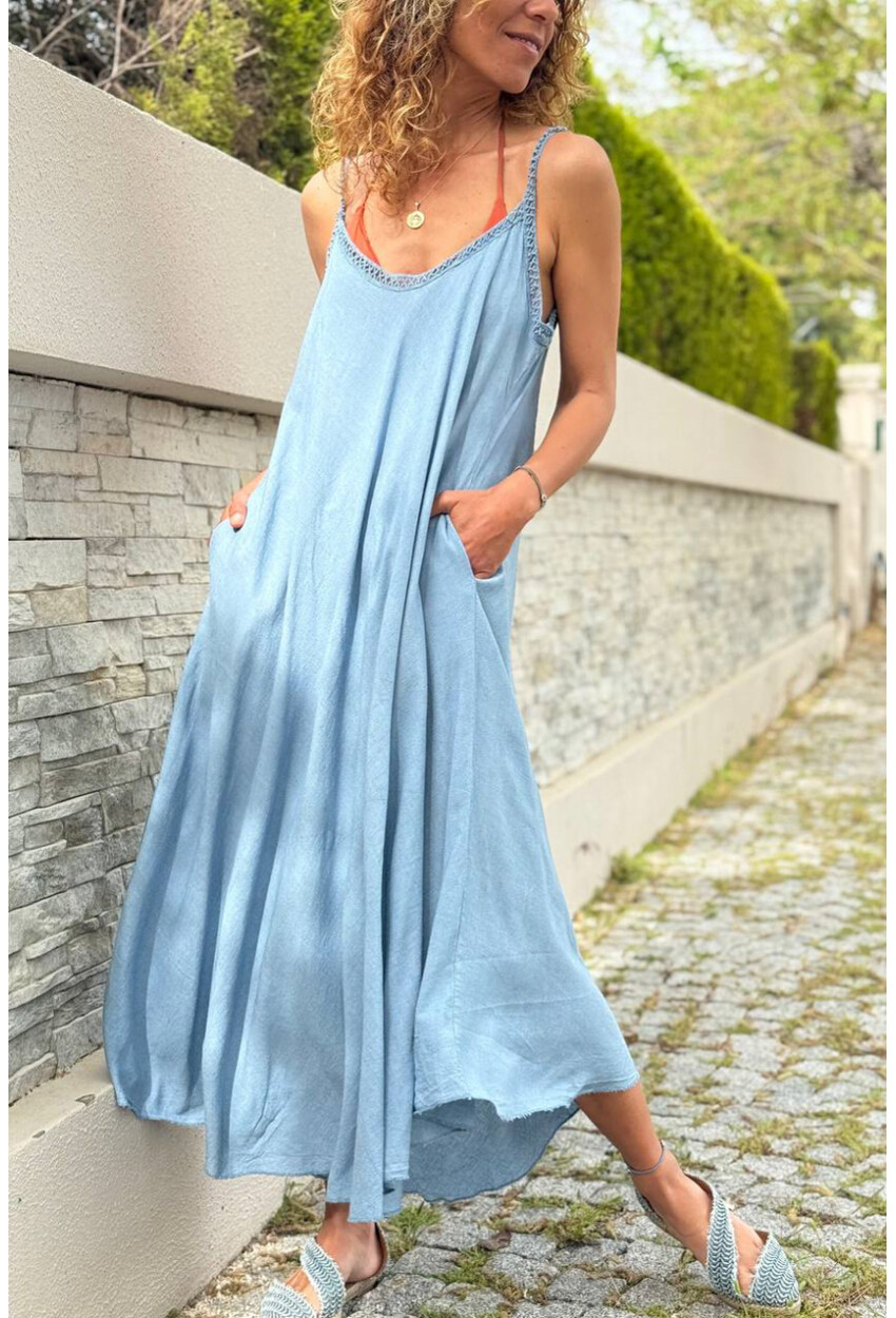 İtalyan İndigo Askılı Cepli Keten A-Form Fit Salaş Dokuma Elbise 100 65