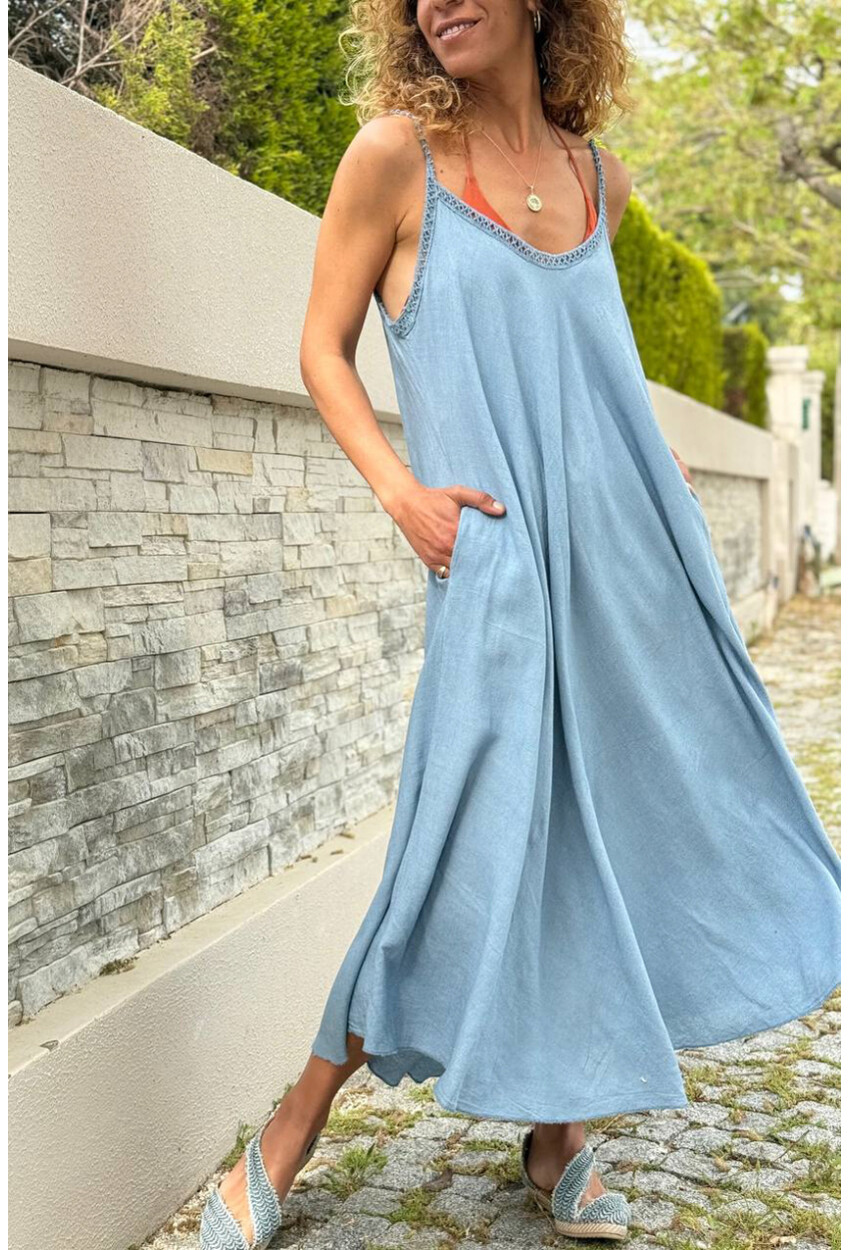 İtalyan İndigo Askılı Cepli Keten A-Form Fit Salaş Dokuma Elbise 100 65